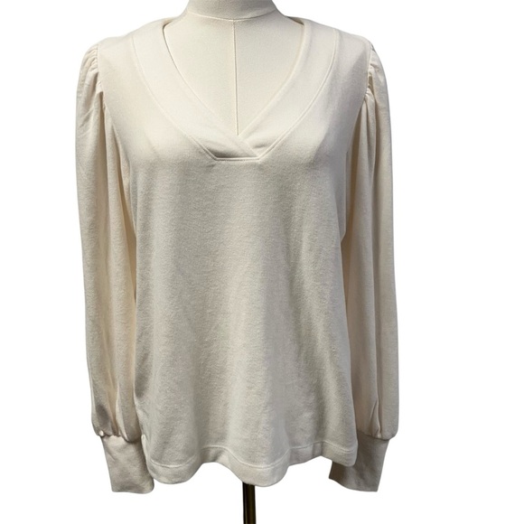 New LOFT V-neck Puff Sleeve Sweater Blouse Cream Women medium neutral minimalist - Picture 1 of 12